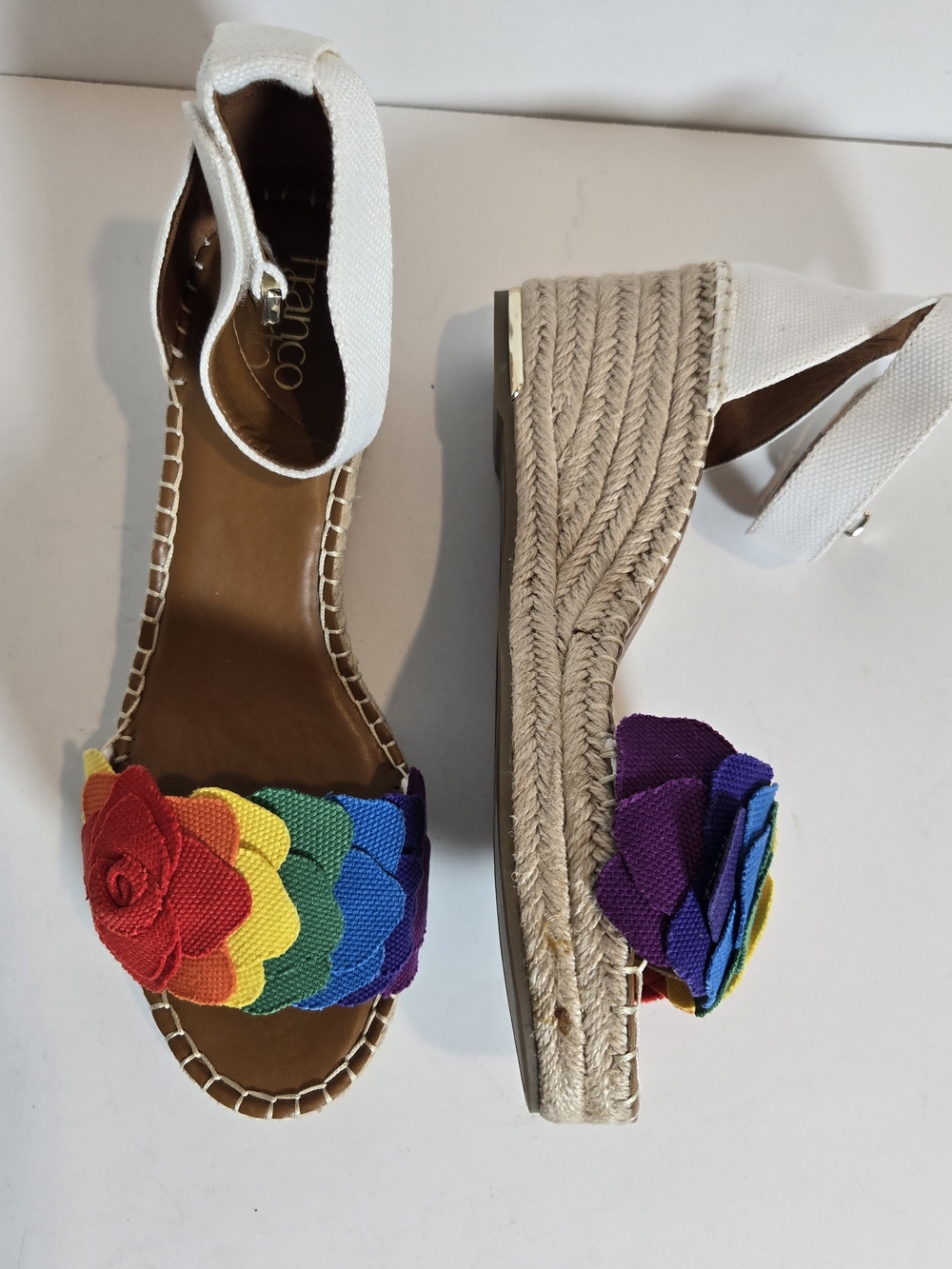 Franco Sarto White Espadrille Wedges with Rainbow Floral Toe
